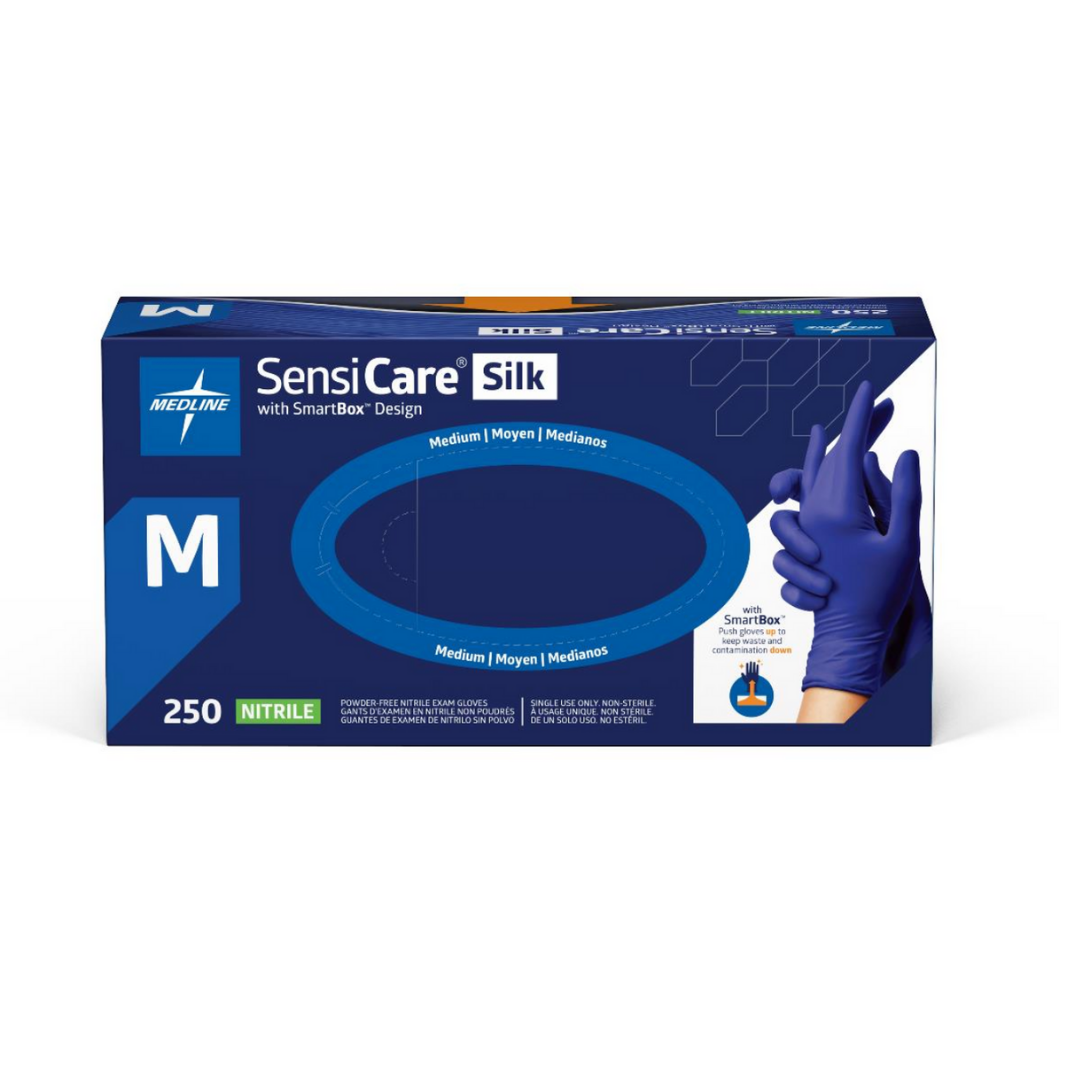 Blue and white box of Medline SensiCare Silk Nitrile Exam Gloves with SmartBoX Design, size medium, showing gloved hands and labeled as 250 chemotherapy gloves for enhanced tactile sensitivity.